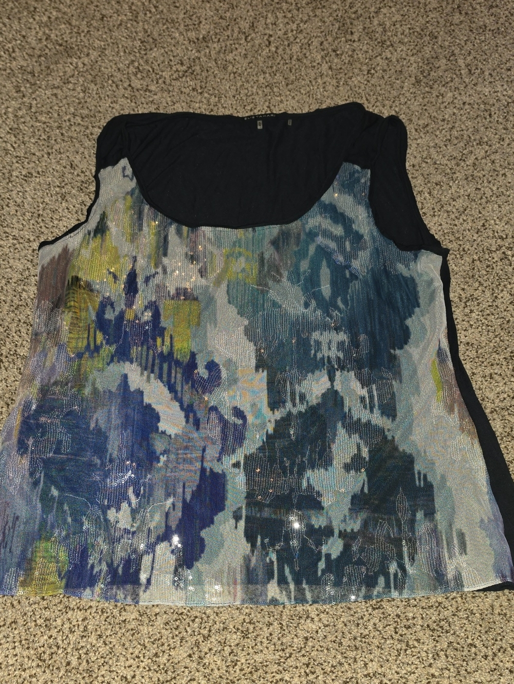 Elie Tahari Blue Sequin Ikat Watercolor Baroque Abstract Scoop Neck Tank Xl